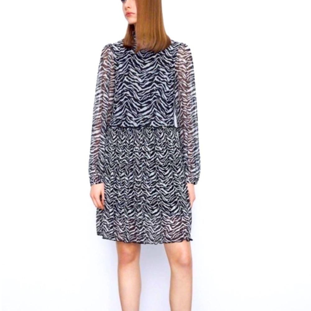 Zara Zebra Print Mesh Mock Neck Long Sleeve Smock Dress Size S